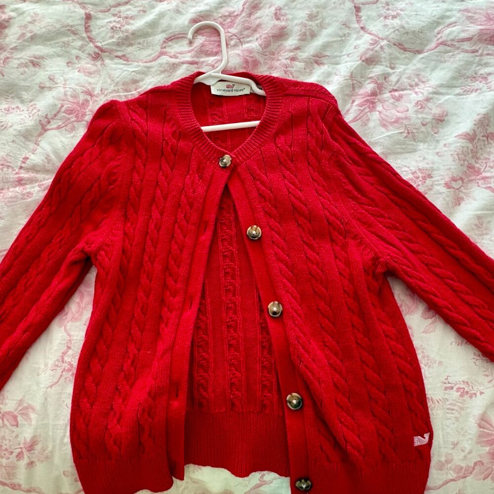 Vineyard Vines Cotton Cableknit Cardigan Girls Medium 10-12 Red
